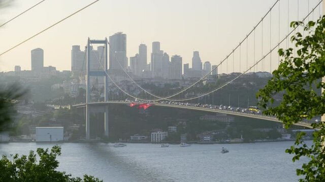 Footage of 15 July Martyrs Bridge which connects European and Asian continet to each other among the trees from Nakkastepe Nation's Garden