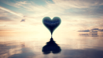 Heart reflection in water at sunset. Valentines day