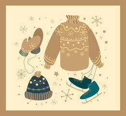 Winter Set of knitted Sweater, Skates and Gloves.Warm Beige Brown Woolen Hat,Sweater with Snowflakes Design.Christmas Vector illustration.Flat design Shop advertising web concept cartoon illustration