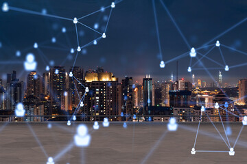 Rooftop with concrete terrace, Kuala Lumpur night skyline. Recruitment process to hire candidates for international business consulting. HR, networking digital icons. City downtown. Double exposure.