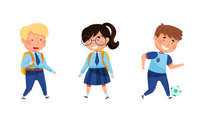 Cute elementary school students in uniform set. Cheerful pupils characters cartoon vector illustration