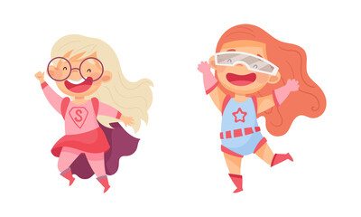 Happy little girls wearing colorful superheroes costumes set. Kids having fun at carnival or birthday party cartoon vector illustration