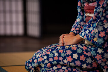 Woman in traditional kimono in kneeling position. Seiza is the formal way of sitting down based on...