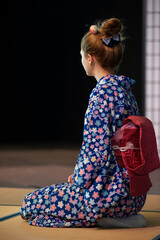 Woman in traditional kimono in kneeling position. Seiza is the formal way of sitting down based on ancient Japanese standards. .