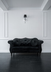 Elegant black sofa in the empty vintage room with copy space