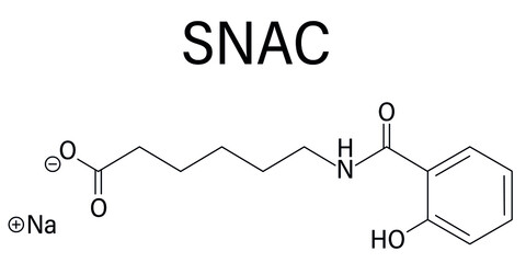 Sodium salcaprozate (SNAC, sodium N-[8-(2-hydroxybenzoyl)amino] caprylate) oral absorption promoter. Used to increase the bioavailability of macromolecules, including heparin. Skeletal formula.