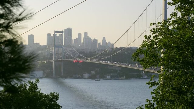 Footage of 15 July Martyrs Bridge which connects European and Asian continet to each other among the trees from Nakkastepe Nation's Garden