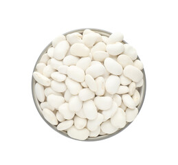 Bowl of uncooked navy beans isolated on white, top view
