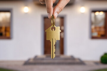 House selling concept. Close up of male hand holding gold key to a dream house