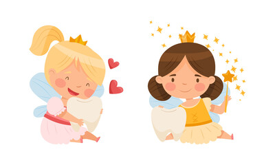 Little Tooth Fairy with baby tooth set. Lovely girls with wings wearing golden crowns cartoon vector illustration