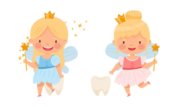 Cute little Tooth Fairy with baby teeth set. Lovely winged blonde girls in golden crowns with magic wands cartoon vector illustration
