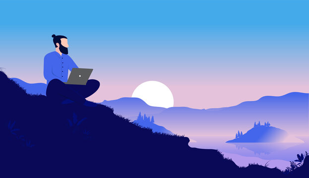 Sitting with laptop in nature - Man with computer outdoors working in peace and solitude. Work from anywhere concept, vector illustration