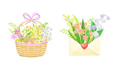 Bouquets of summer or spring flowers in wicker basket and envelope set vector illustration