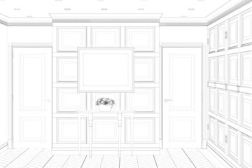 Sketch of the classic room with a horizontal poster on a wall panel between two doors, peonies in a vase on a  console, wardrobe, parquet. 3d render