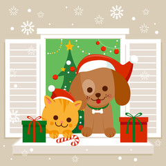 Cat and dog with Christmas hats sitting at home on a window sill in front of a Christmas tree. Vector illustration