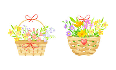 Fototapeta na wymiar Bouquets of summer or spring flowers in wicker baskets set vector illustration