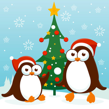 Christmas winter landscape with penguins and a Christmas tree. Vector illustration