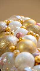 Christmas celebration concept. Bottom view close up photo of beautifully decorated yellow and white baubles and isolated on gold background with copyspace