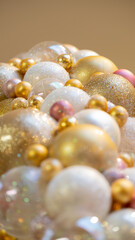 Christmas celebration concept. Bottom view close up photo of beautifully decorated yellow and white baubles and isolated on gold background with copyspace