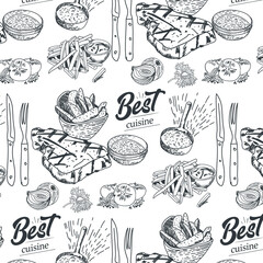Hand drawn meat seamless pattern. Vintage design template, banner. Vector.