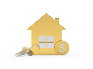 Gold house icon with keys and dollar coin. 3D illustration 