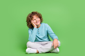 Portrait of attractive cheerful guy sitting thinking copy empty space isolated over bright green...