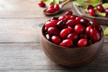 Fresh ripe dogwood berries on wooden table, space for text