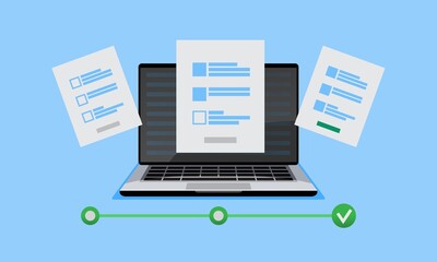 Laptop checklist on screen. Exam form. Questionnaire test survey concept. screen display Laptop check mark. Choice, survey concepts. design graphic elements Vector flat illustration