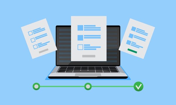 Laptop checklist on screen. Exam form. Questionnaire test survey concept. screen display Laptop check mark. Choice, survey concepts. design graphic elements Vector flat illustration