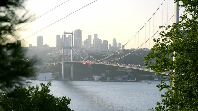 Footage of 15 July Martyrs Bridge which connects European and Asian continet to each other among the trees from Nakkastepe Nation's Garden