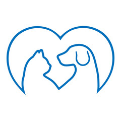 Linear illustration of a dog and a cat in the heart. 