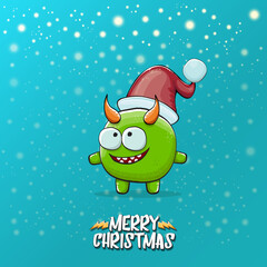 Naklejka premium Vector cartoon funky green monster with Santa Claus red hat isolated on turquoise background with snowflakes. Childrens Merry Christmas greeting card with funny monster elf Santa Claus.