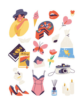 Vector illustration girls stuff collection. Decorative set female elements and accessories.