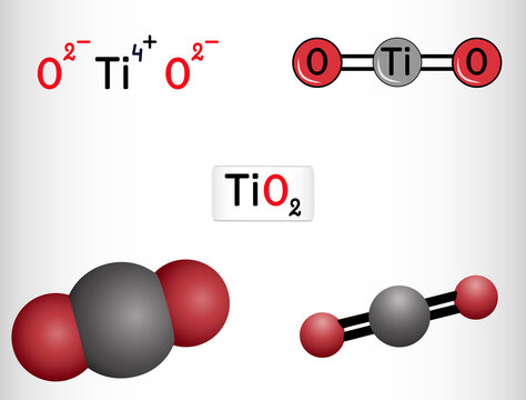 Titanium dioxide, molecule. It is titanium oxide with formula TiO2, sourced from ilmenite, rutile, anatase. Used as food additive E171. Structural chemical formula, molecule model
