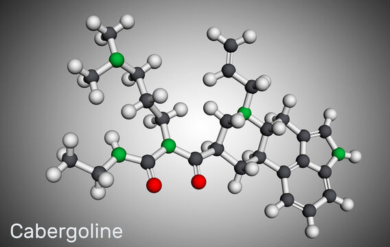 Cabergoline molecule. It is drug, ergot derivative, dopamine receptor, prolactin inhibitor. Molecular model. 3D rendering
