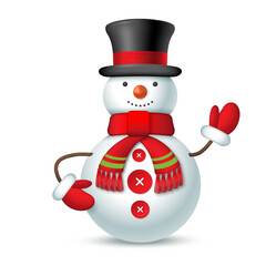 Smiling Christmas snowman with top hat and red scarf isolated on white background. Vector illustration