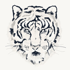 Hand drawn abstract tiger head illustration. Artistic contemporary print. Black and white. Fashionable template for design.