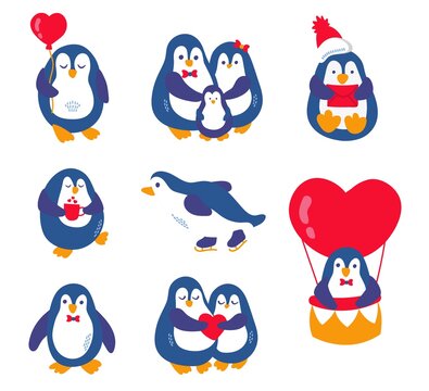 Set of cute hand drawn penguins. White background, isolate. Vector illustration.