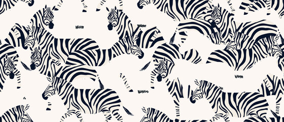 Fototapeta na wymiar Hand drawn abstract pattern with zebras. Trendy collage contemporary seamless pattern. Fashionable template for design. Black and white colors.