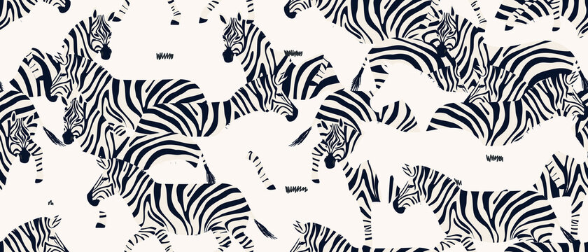 Fototapeta Hand drawn abstract pattern with zebras. Trendy collage contemporary seamless pattern. Fashionable template for design. Black and white colors.