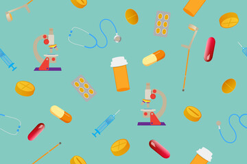 Fototapeta na wymiar Medical pattern including a stethoscope, blister pack, microscope, pill, tablet, medication, syringe