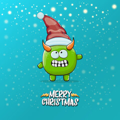 Vector cartoon funky green monster with Santa Claus red hat isolated on turquoise background with snowflakes. Childrens Merry Christmas greeting card with funny monster elf Santa Claus.