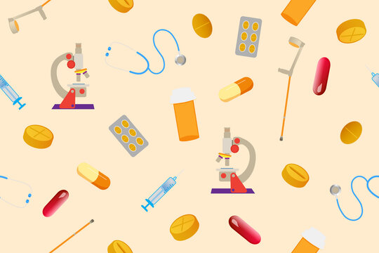 Medical pattern including a stethoscope, blister pack, microscope, pill, tablet, medication, syringe