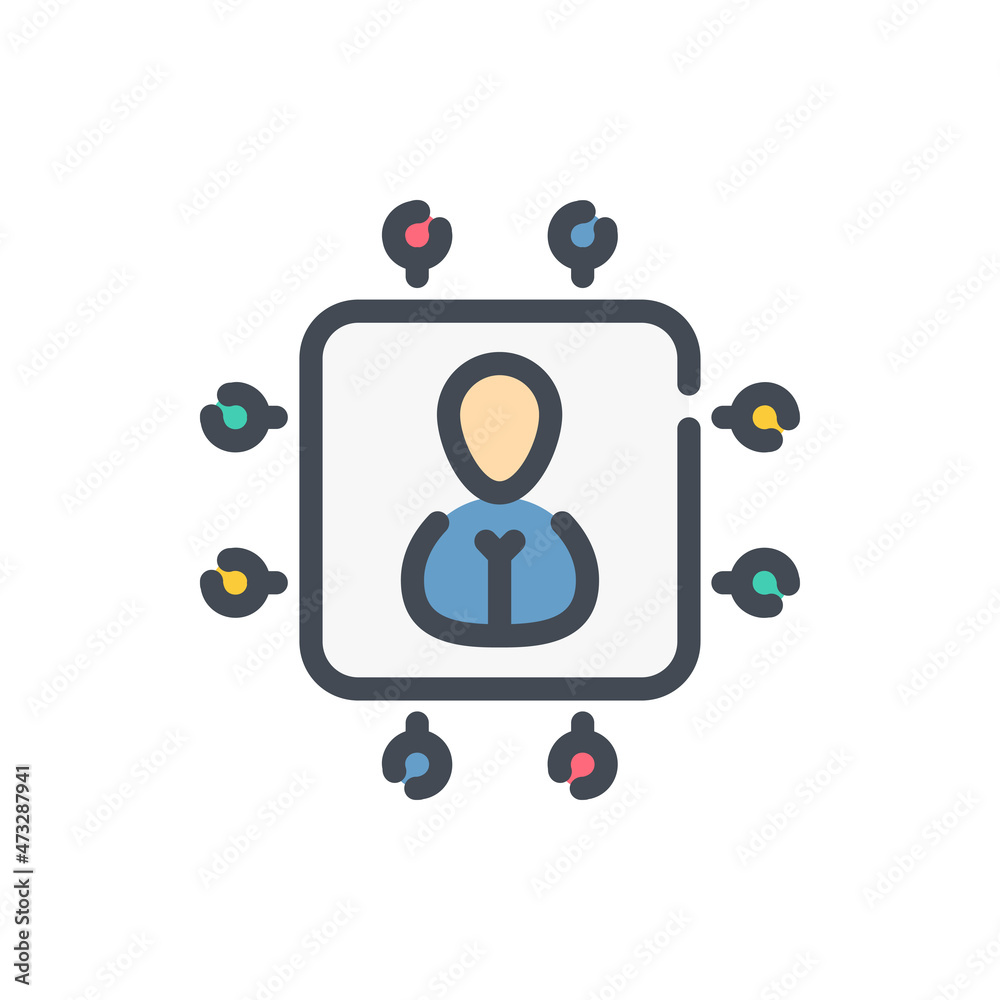 Poster person in square with connecting dots color line icon. skills and abilities vector outline colorful 
