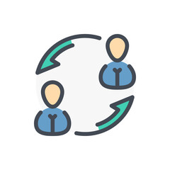 Two persons and switch arrows color line icon. Employee replacement and Staff change vector outline colorful sign.