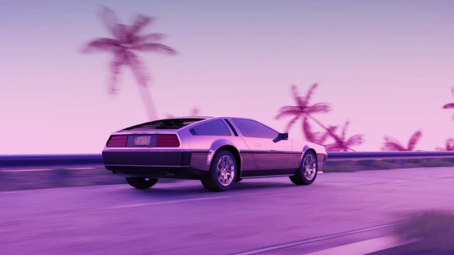 Car driving along highway. Palms, country road, tropical coast fast drive. Bright purple, pink sunset light. Retro wave, synthwave, vaporwave 80s 90s style clip. Summer mood Seamless loop 3D Render 4K