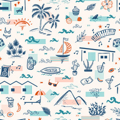 Summer Vacation theme. California architecture and nature. Holiday homes, sea, sailboat, surfing, waves, beach, palm trees, hills, plants, food, drinks and other leisure items. Vector Seamless Pattern © AllNikArt
