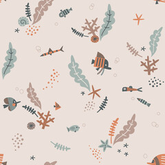 Boho earthy colours Fish Seaweed Coral Shell in the ocean vector seamless pattern. Whimsy underwater world background. Scandinavian decorative childish design for nautical nursery, navy kids fabric.