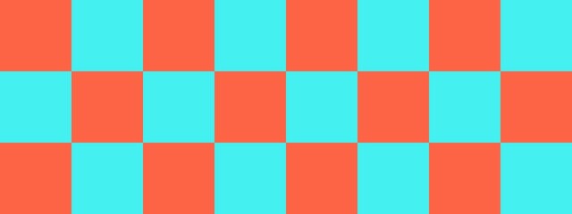 Checkerboard banner. Cyan and Tomato colors of checkerboard. Big squares, big cells. Chessboard, checkerboard texture. Squares pattern. Background.