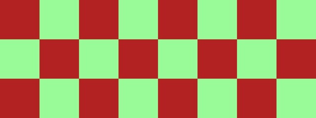 Checkerboard banner. Pale Green and Firebrick colors of checkerboard. Big squares, big cells. Chessboard, checkerboard texture. Squares pattern. Background.
